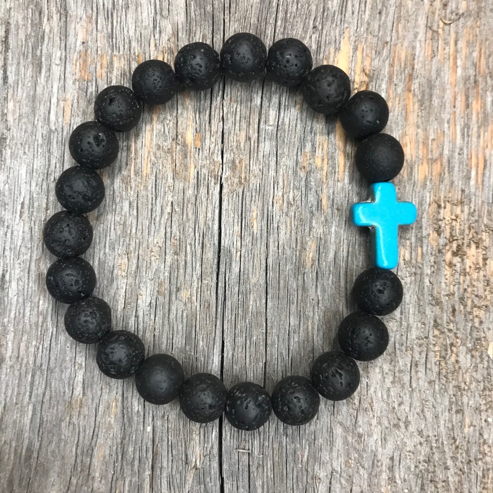 Black Lava Bead Blue Christian Cross Bracelet